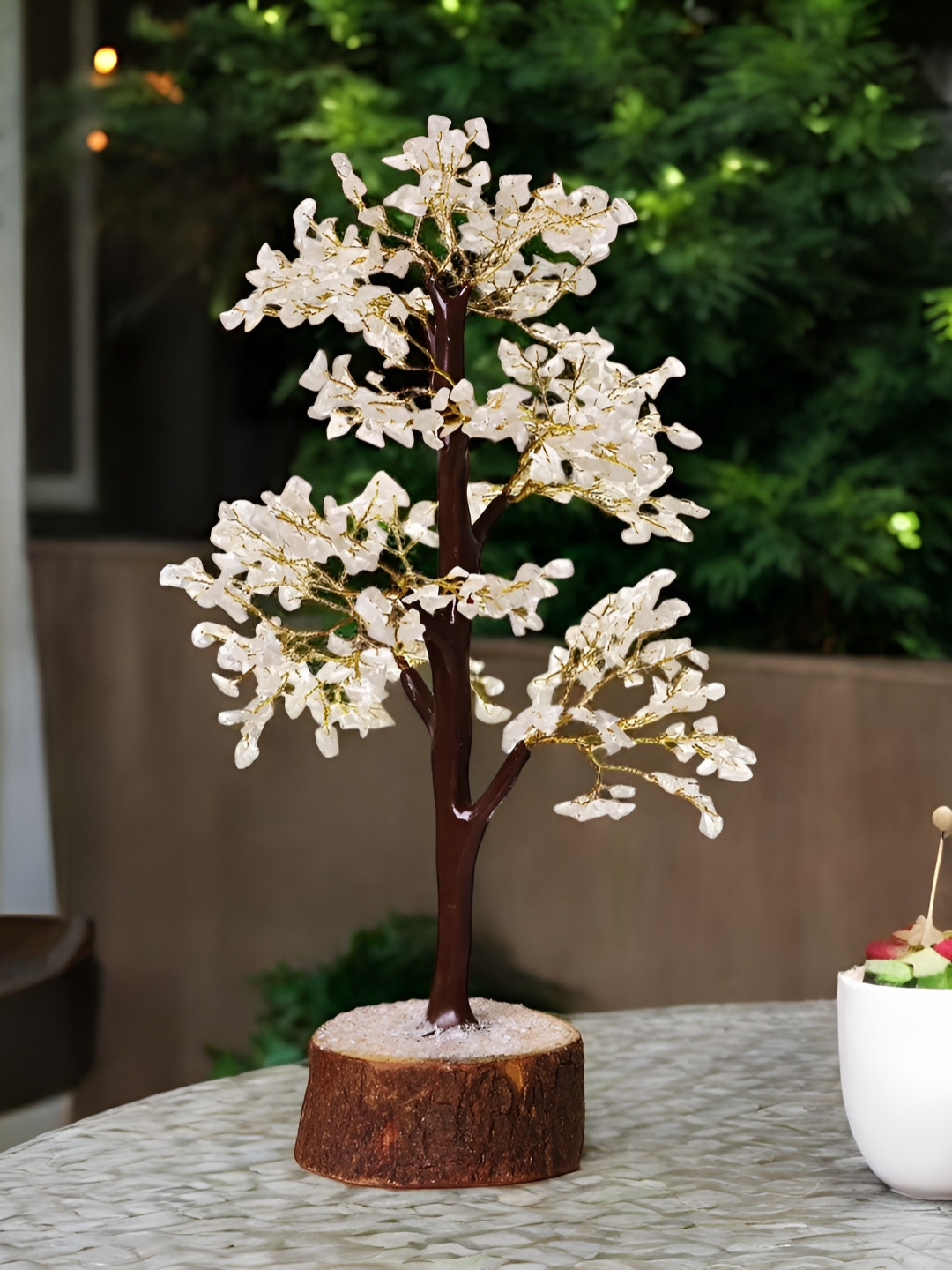 Shubhanjali Clear Quartz M Seal Tree 500 White Wood Natural Living Room Large Showpiece - 12 Inches