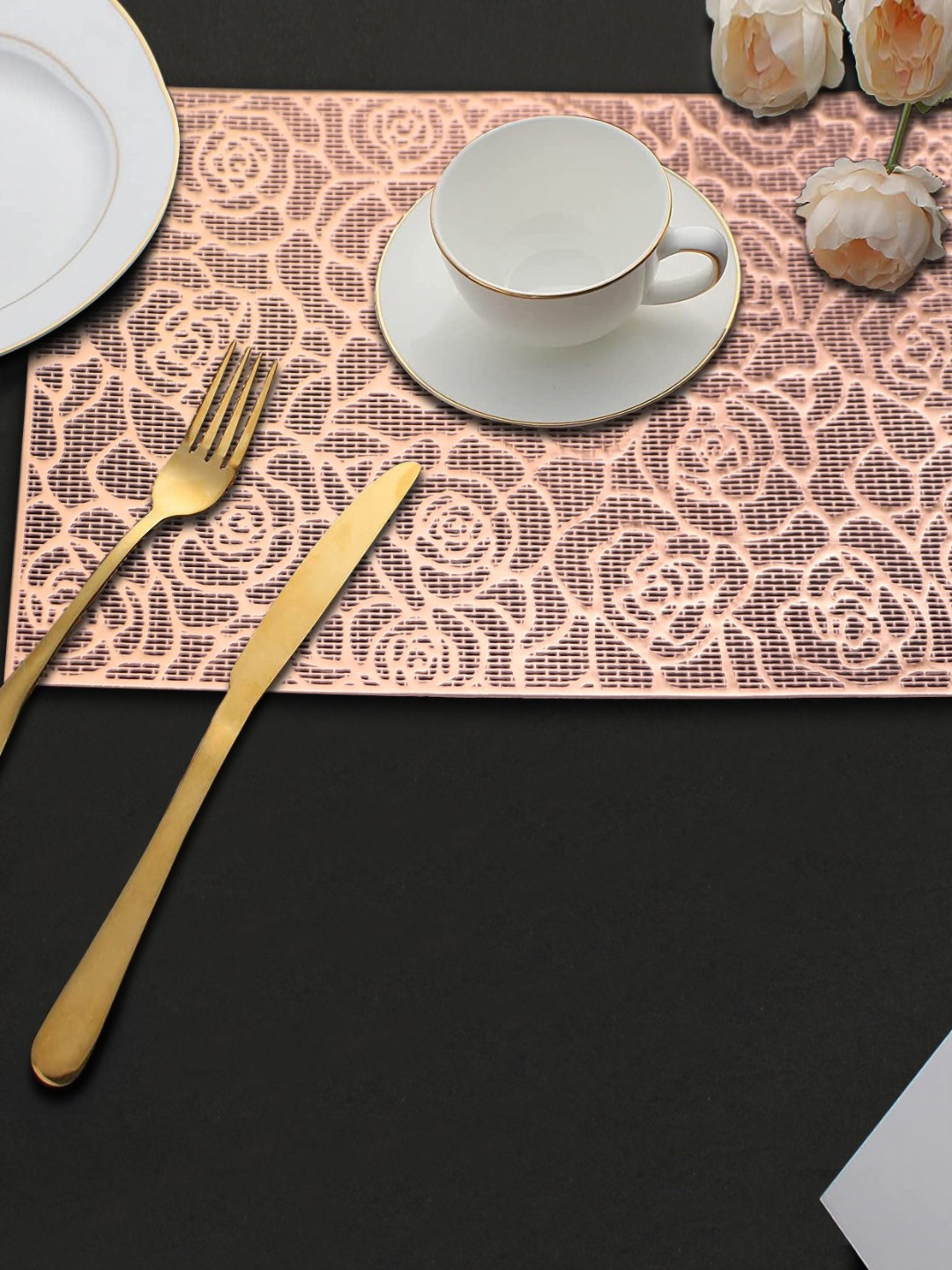 LooMantha Rose Copper-Toned 2 Pieces Floral Cutwork Rectangle Table Placemats