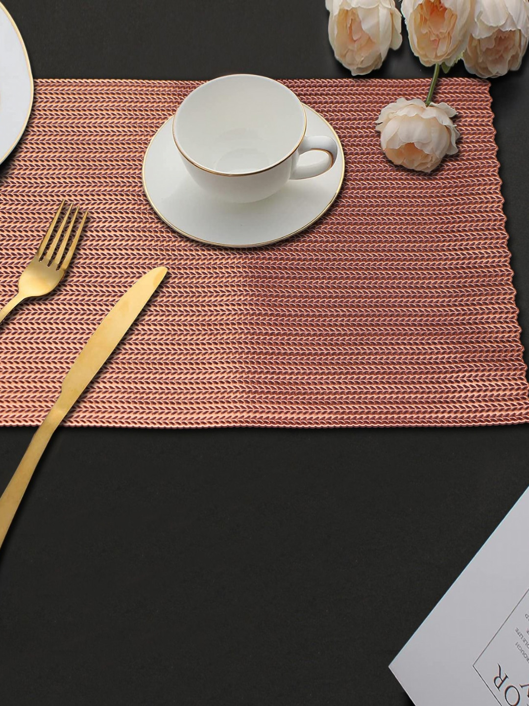 LooMantha Copper-Toned 2 Pieces Leaf Rectangle Table Placemats