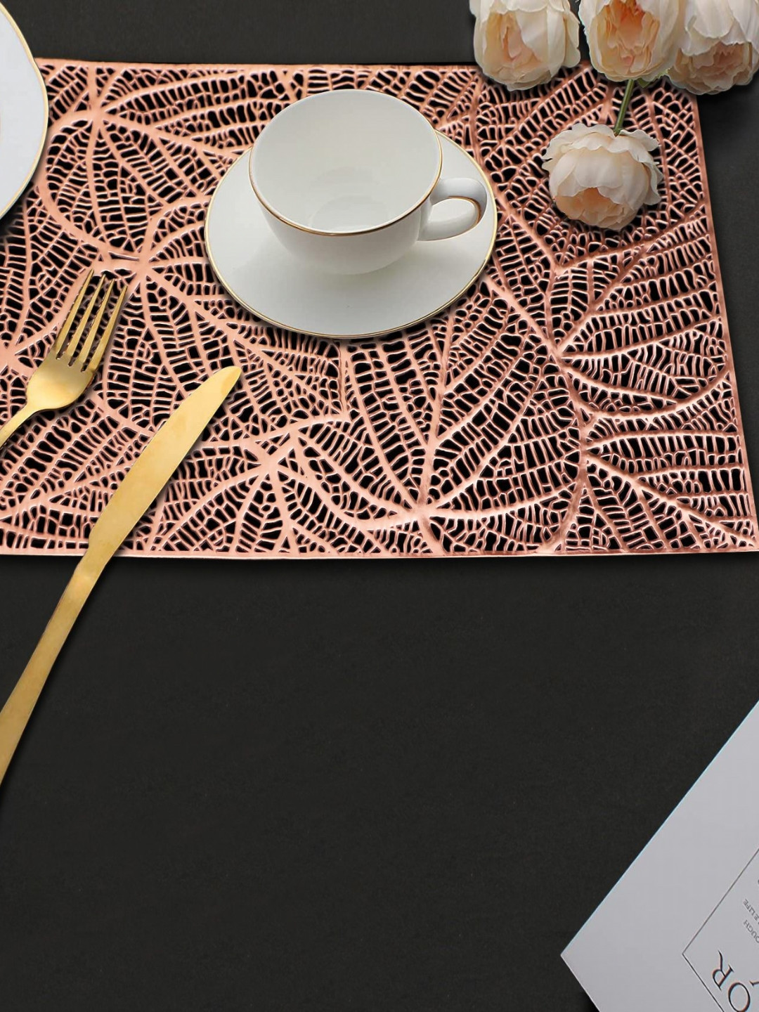 LooMantha Copper-Toned 2 Pieces Paan Patta Cutwork Table Placemats