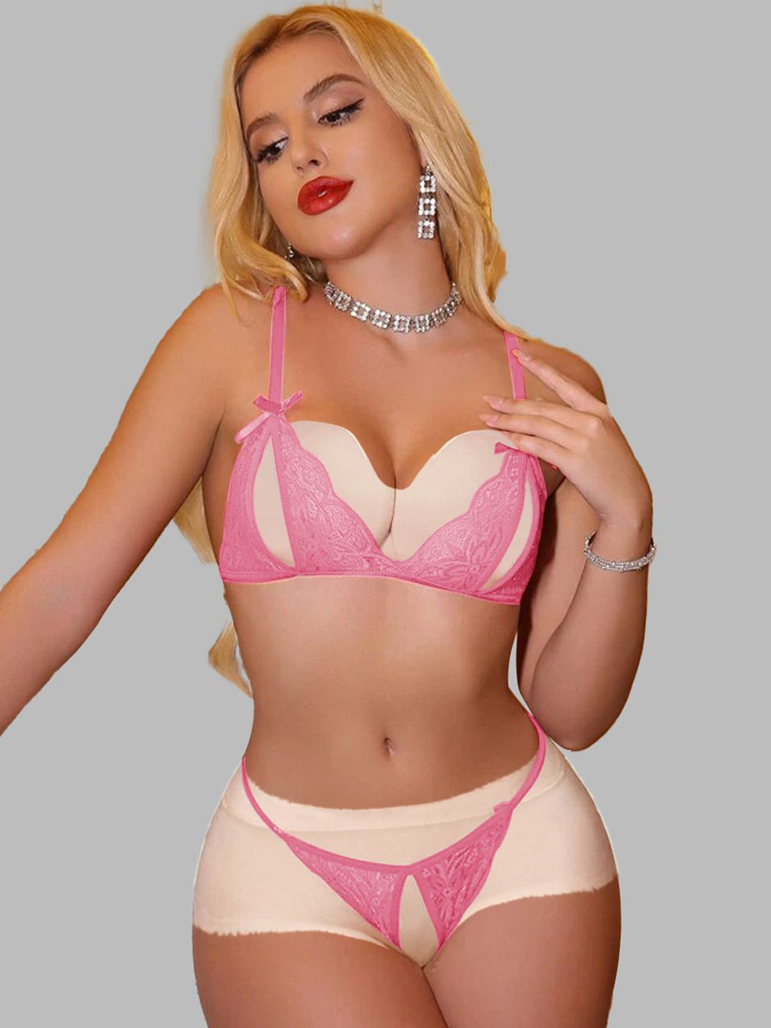 FIMBUL Women Self Design Lace V Neck Lingerie Set DES-11-L-PNK-N4