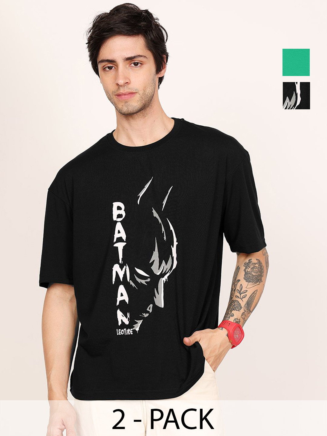 Leotude Men Pack Of 2 Batman Graphic Printed Round Neck Cotton Oversized T-shirts