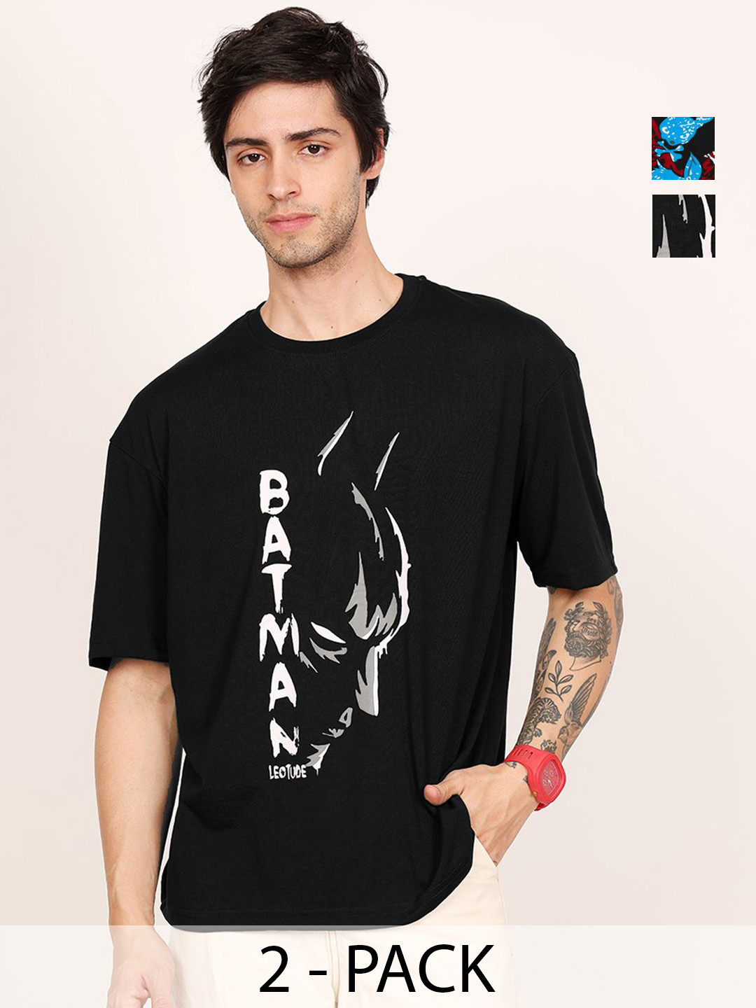 Leotude Men Pack Of 2 Batman Graphic Printed Round Neck Cotton Oversized T-shirts