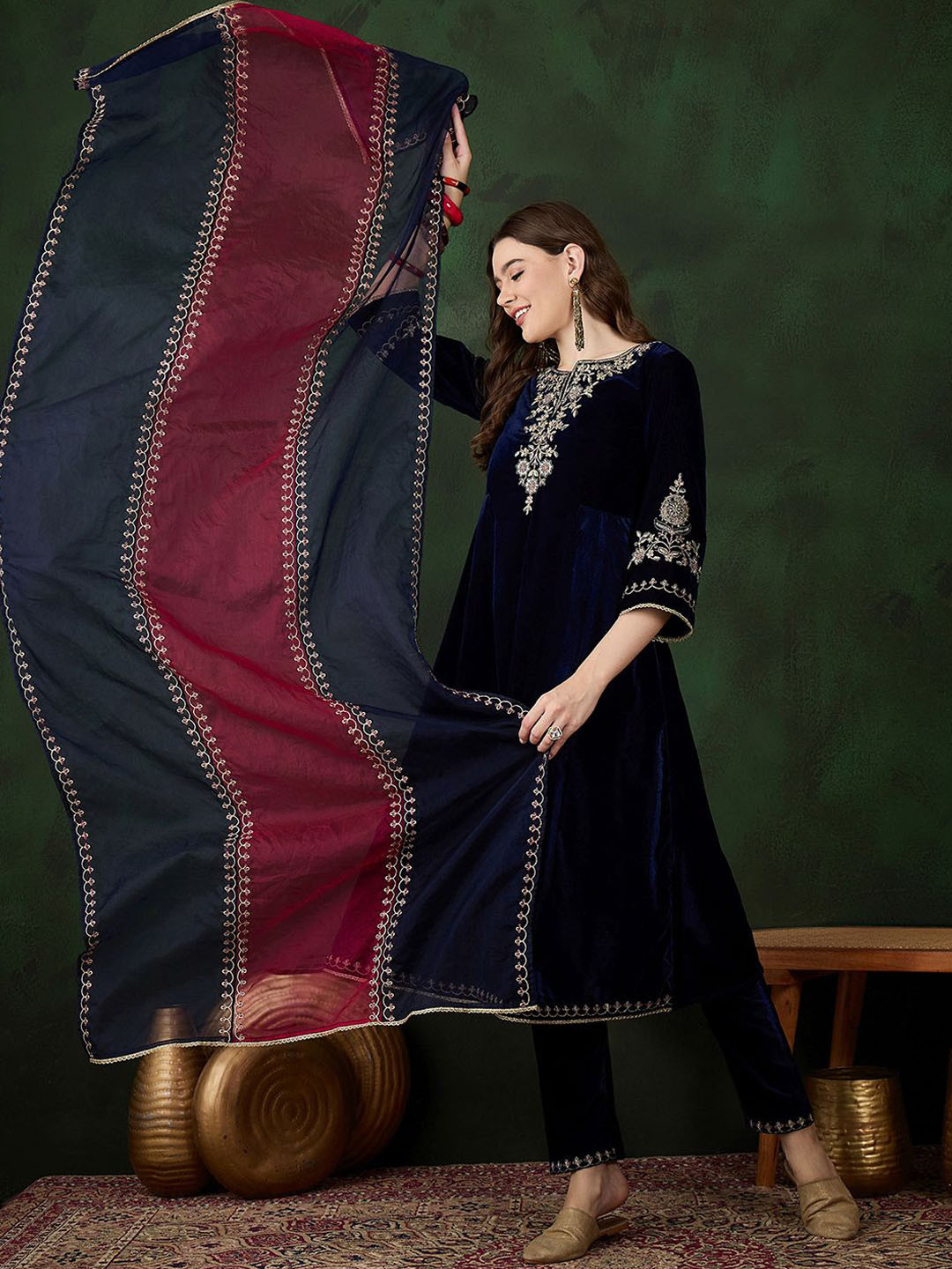 Sangria Floral Embroidered Velvet Notch Neck Straight Kurta With Trousers And Dupatta