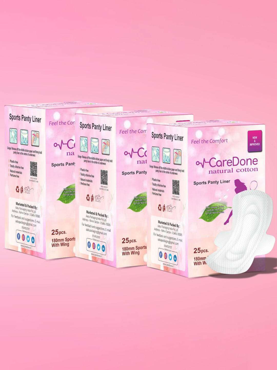 CareDone Set Of 3 Ultra Thin Organic Cotton Panty Liner - 25 Pads Each