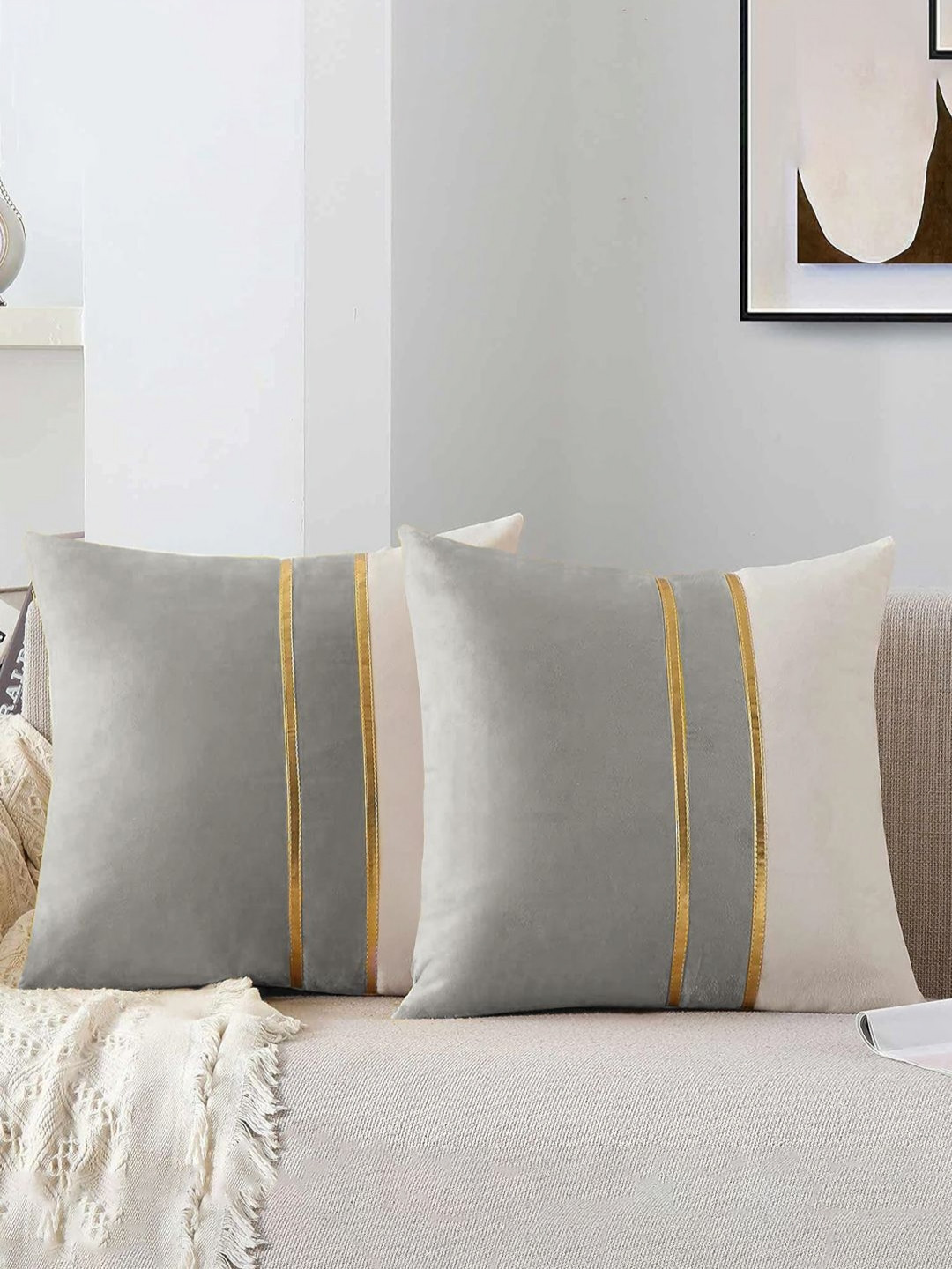 AEROHAVEN Colourblocked Velvet Durable 2 Pcs Patchwork Cushion Covers - 15.7 x 15.7 In