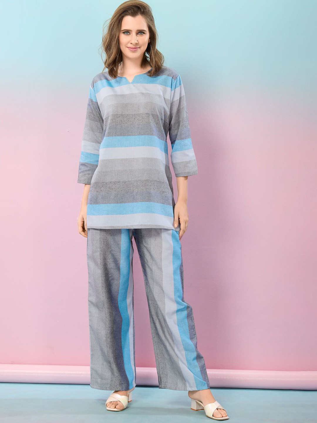 NIGHT FLOSS Striped Round Neck Three-Quarter Sleeves Pure Cotton Tunic & Trouser