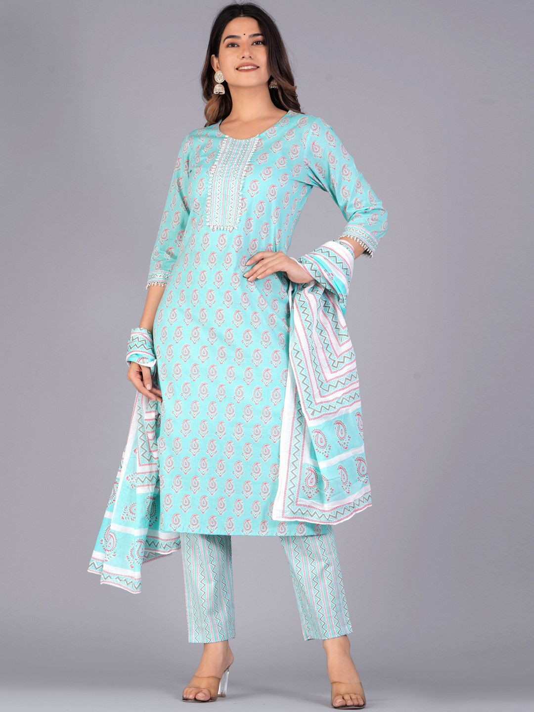 Mishree Collection Paisley Printed Pure Cotton Straight Kurta With Trouser And Dupatta