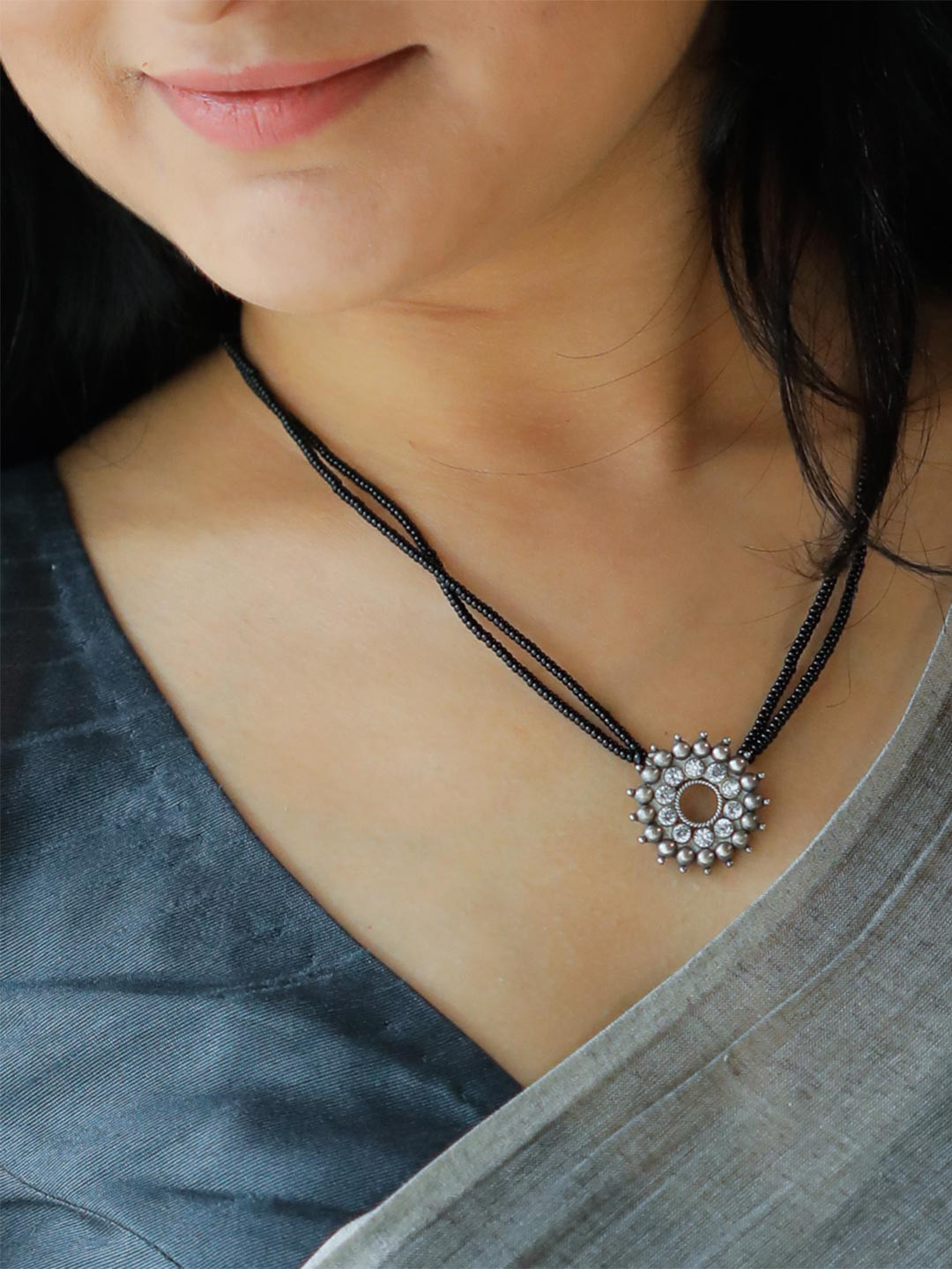 House of Aadyaa 925 sterling Silver Oxidised Karwar Chakra Crystals Stone Mangalsutra