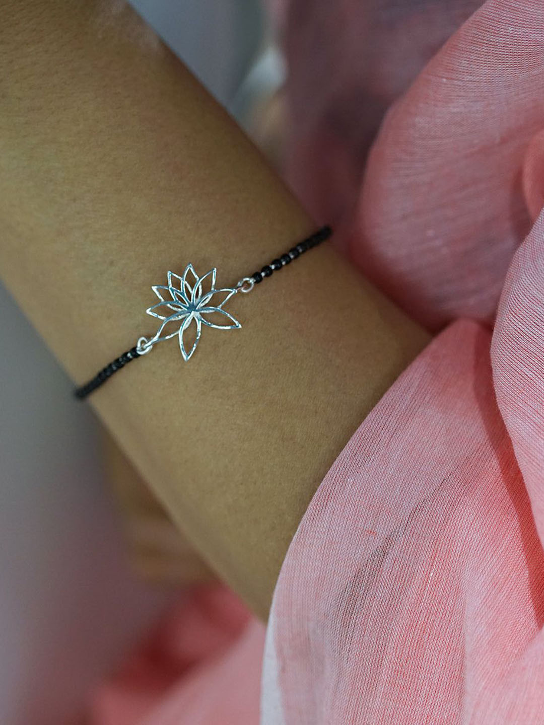 House of Aadyaa 925 sterling Silver Lotus Beaded Charm Mangalsutra Bracelet