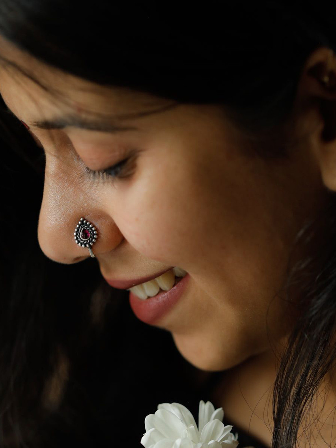 House of Aadyaa Parna Sterling Silver Oxidised Stud Nosepin