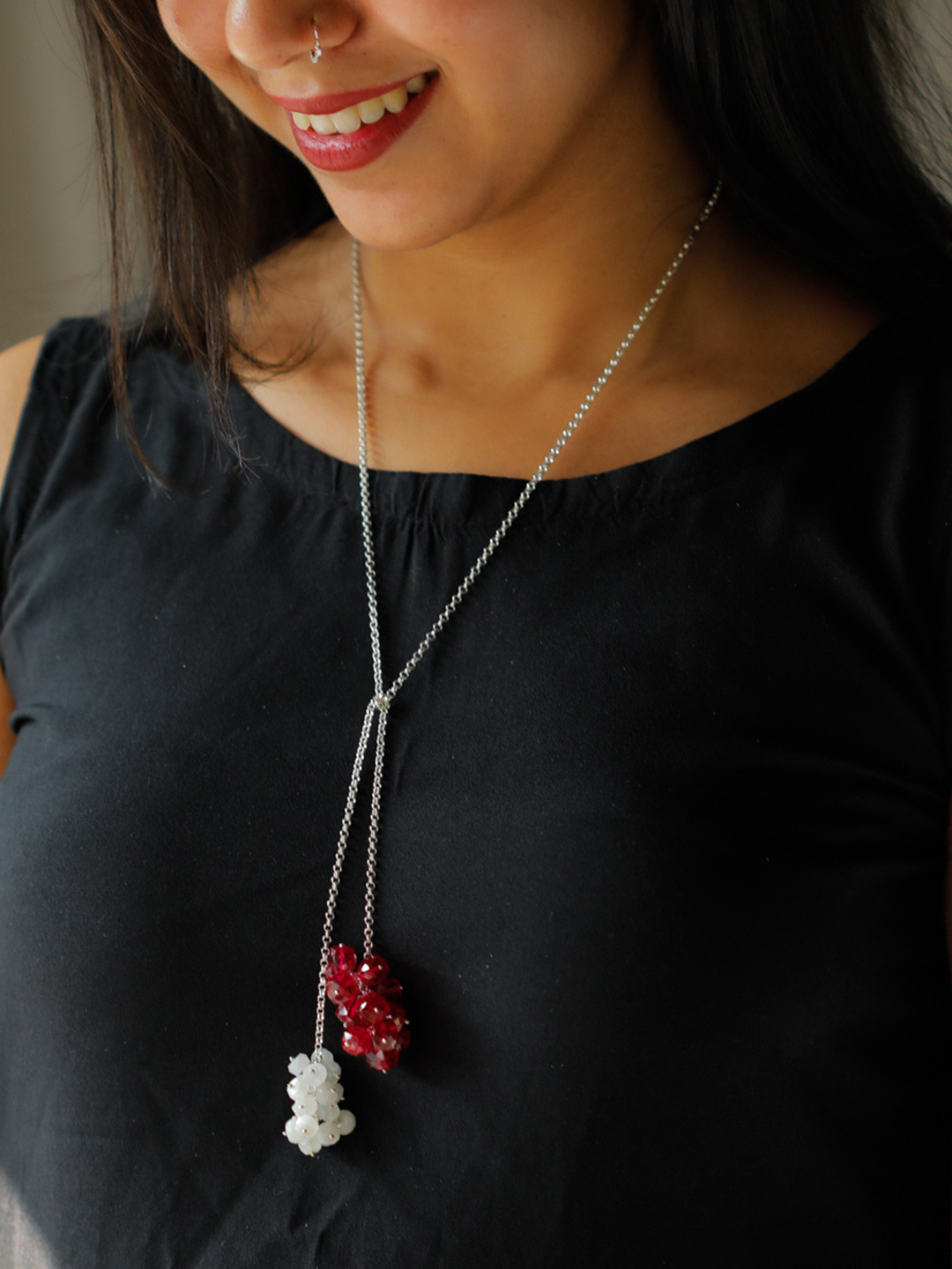 House of Aadyaa 92.5 Sterling Silver Ruby & Crystals Studded Tie & Wear Necklace