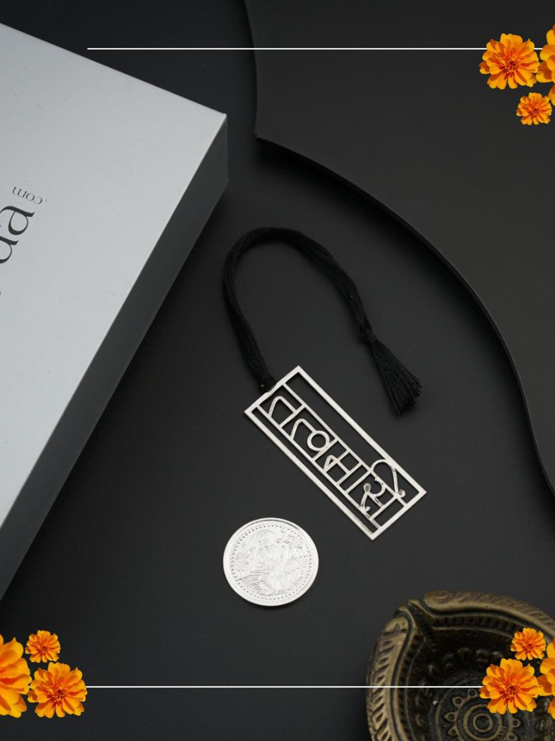 House of Aadyaa 92.5 Silver Diwali Gift Set: Bookmark & Coin