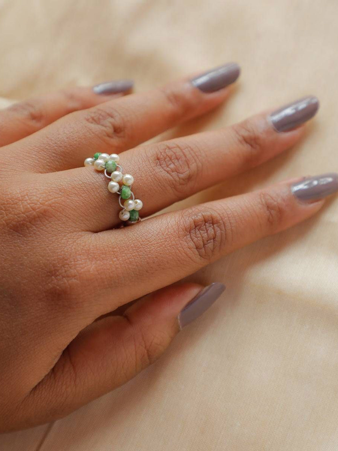 House of Aadyaa 925 sterling Silver Pearl Ring With Peridot Stones Ring