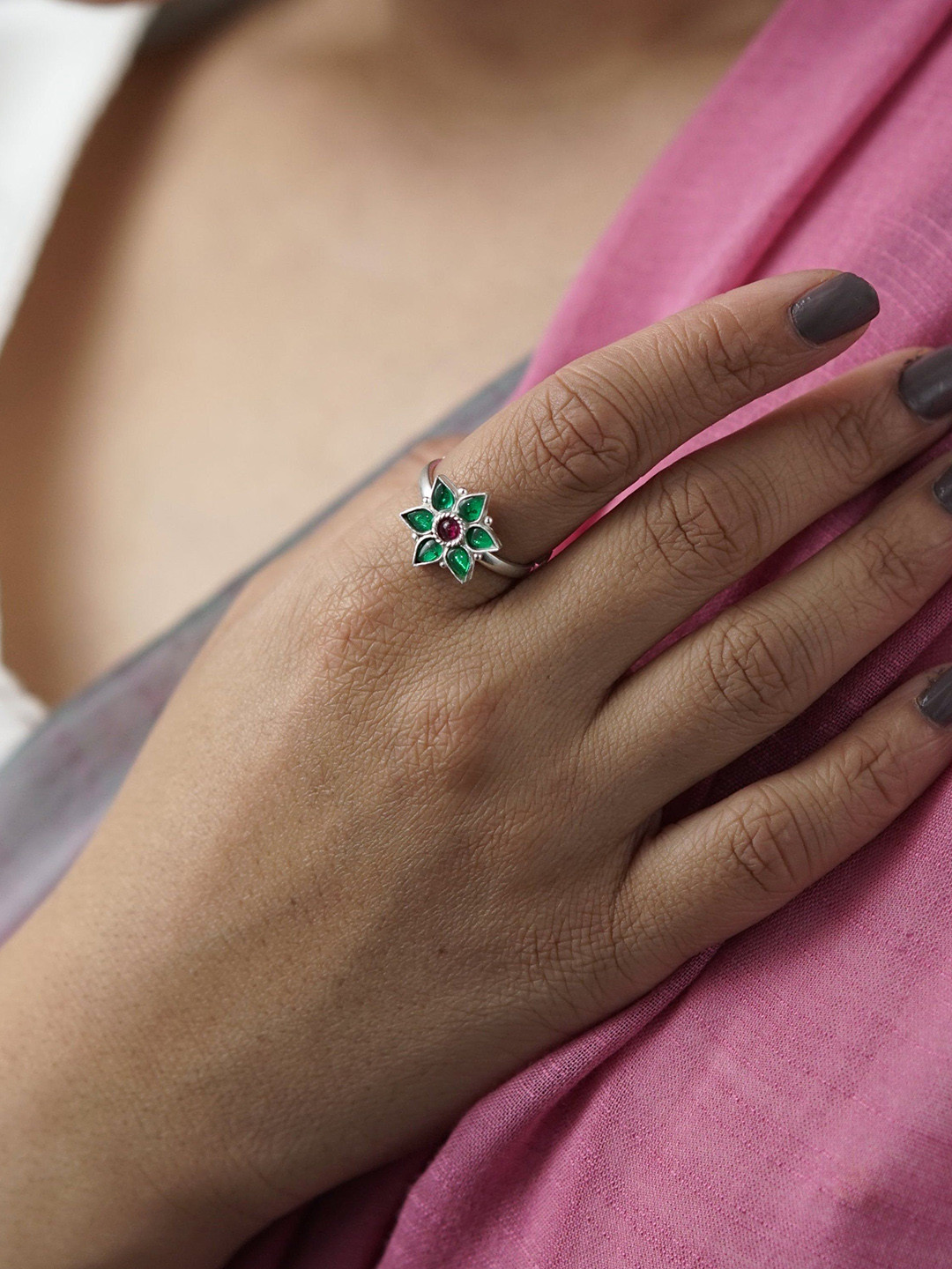 House of Aadyaa 925 sterling Silver CubicZirconia Nakshatra Flower Adjustable Finger Ring