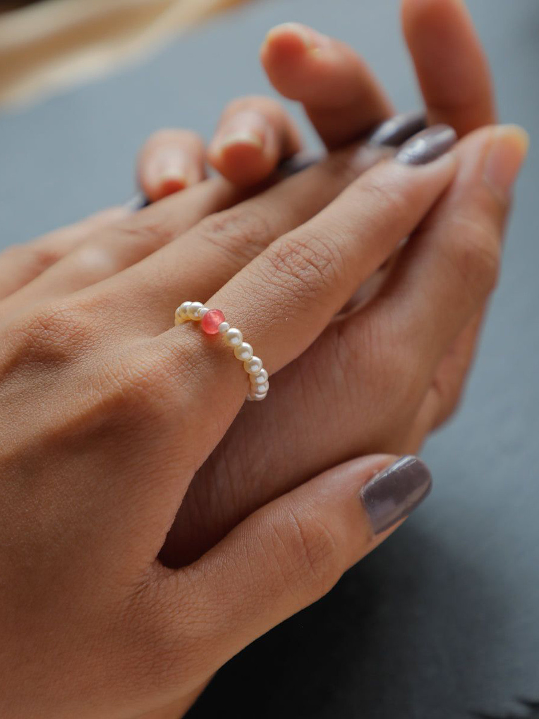 House of Aadyaa 925 sterling Silver Pearls Finger Ring With Rose Quartz Stone