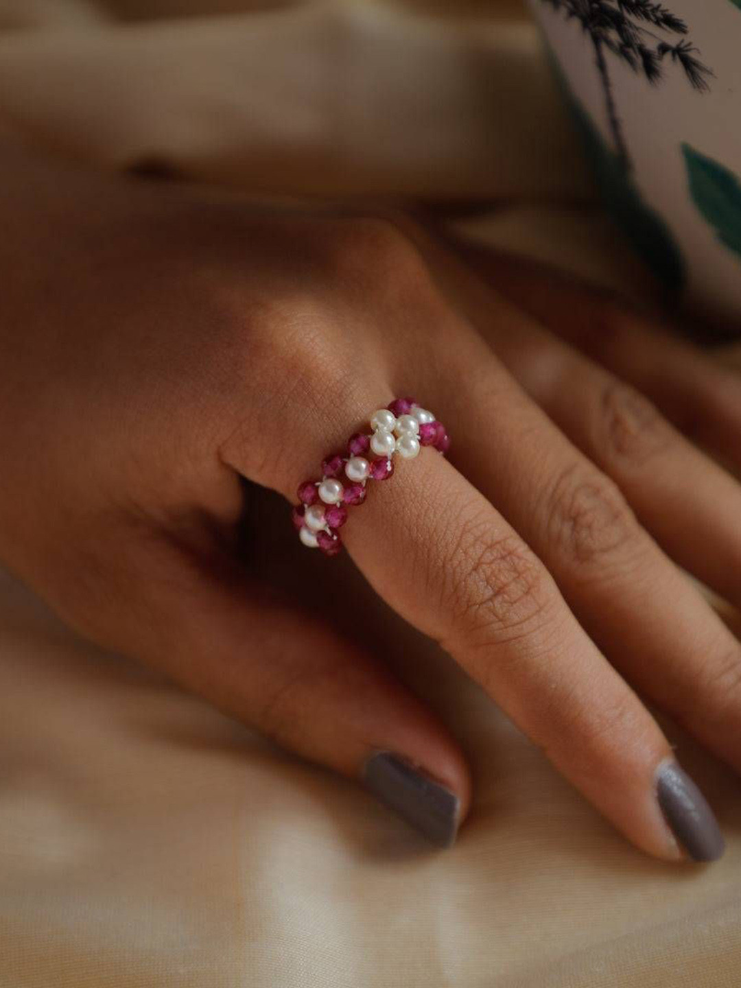 House of Aadyaa 925 sterling Silver Ruby & Pearls Finger Ring