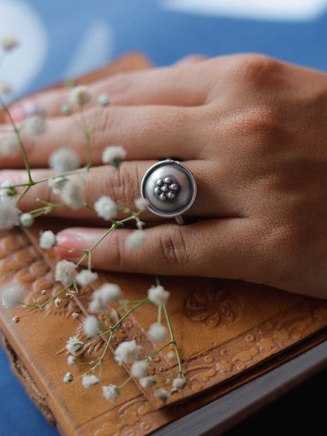 House of Aadyaa 925 sterling Silver Oxidised Kudi Circle 925 sterling Silver Adjustable Finger Ring