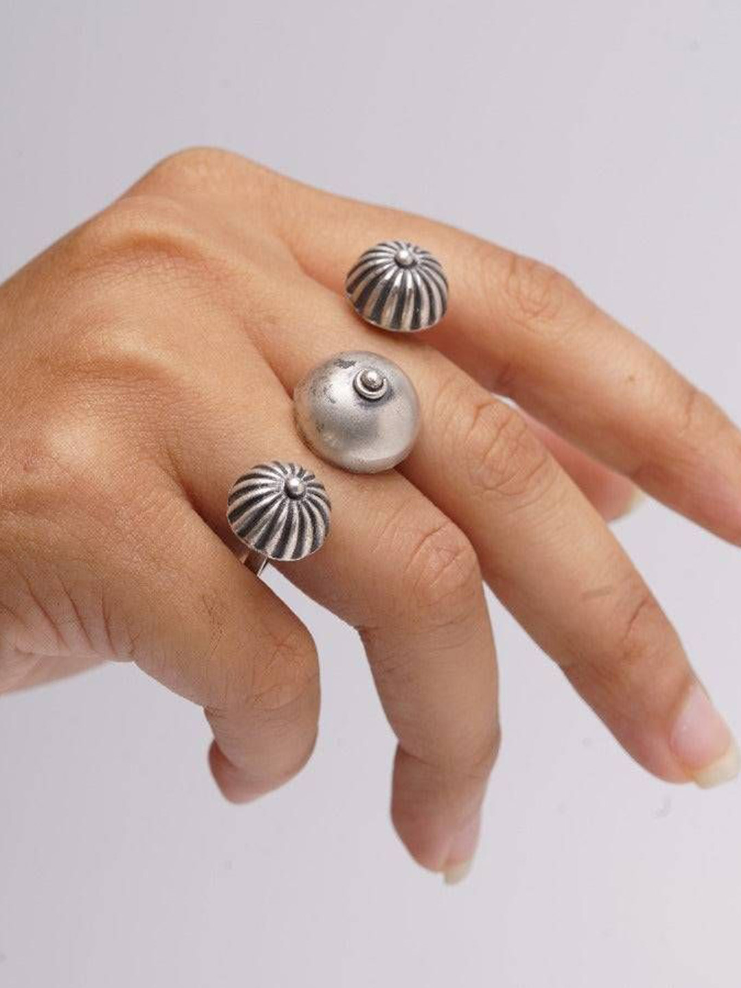 House of Aadyaa 925 sterling Silver Oxidised Dome Two Finger Ring