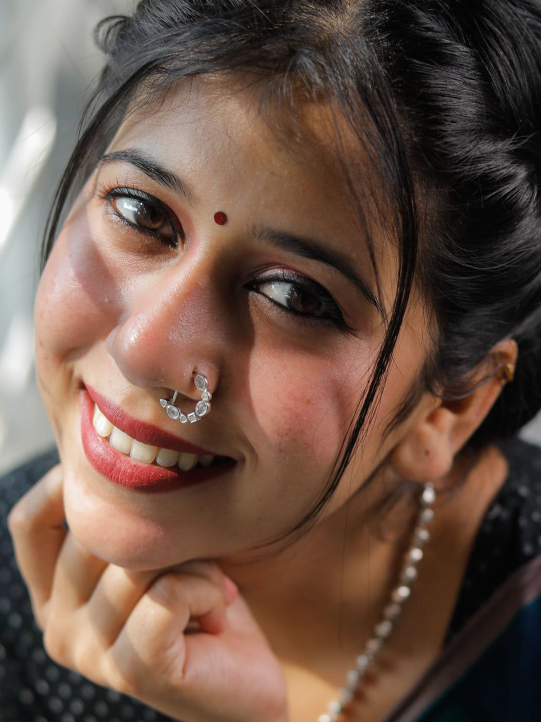 House of Aadyaa Sterling Silver Semi-Precious Stone Studded Oxidised Marathi Nath Nosepin