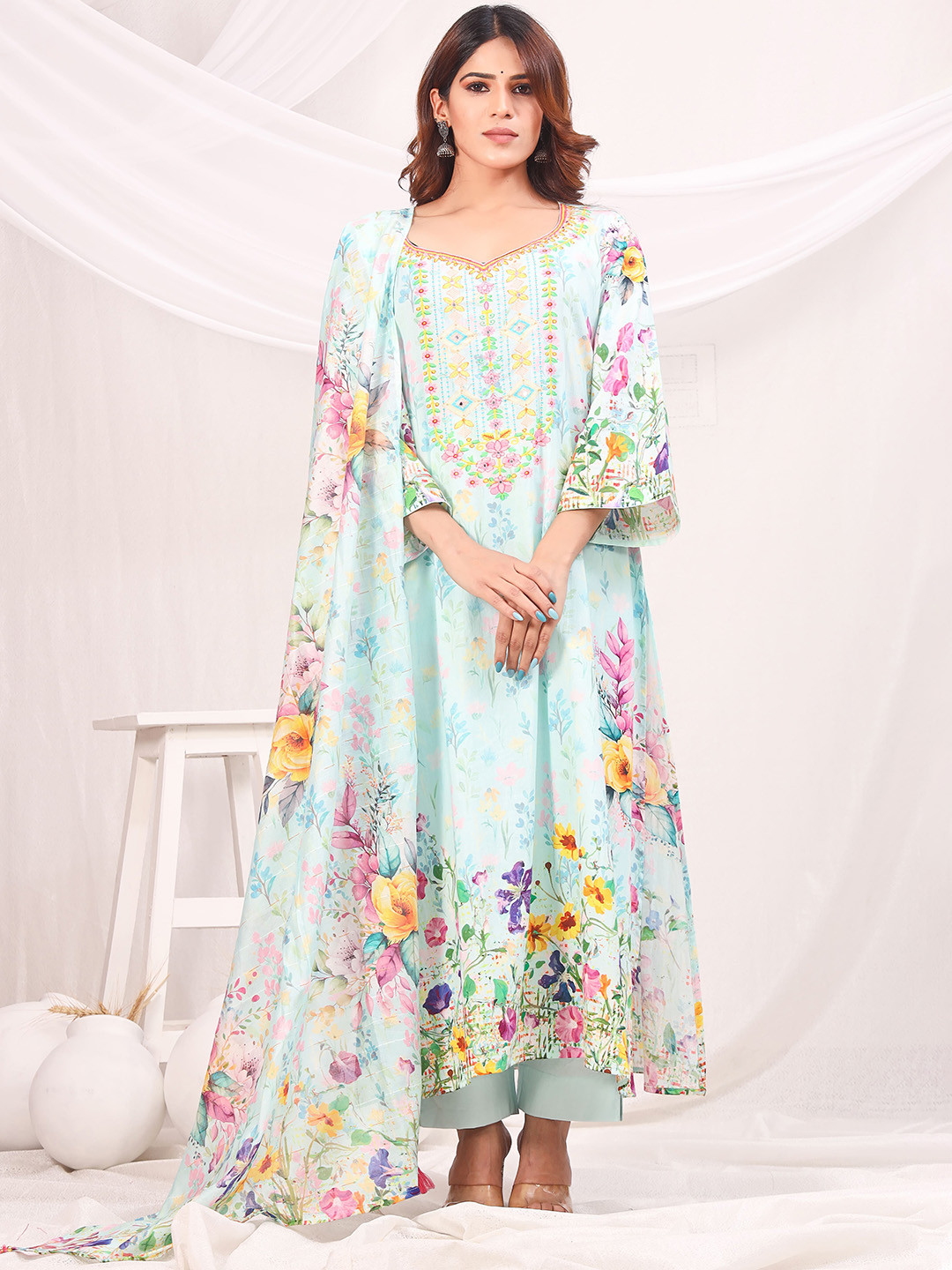 sewingkrafts Floral Printed Thread Work Pure Cotton Straight Kurta With Trouser & Dupatta