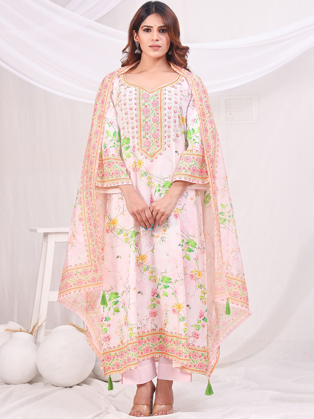 sewingkrafts Floral Printed Thread Work Pure Cotton Straight Kurta With Trouser & Dupatta