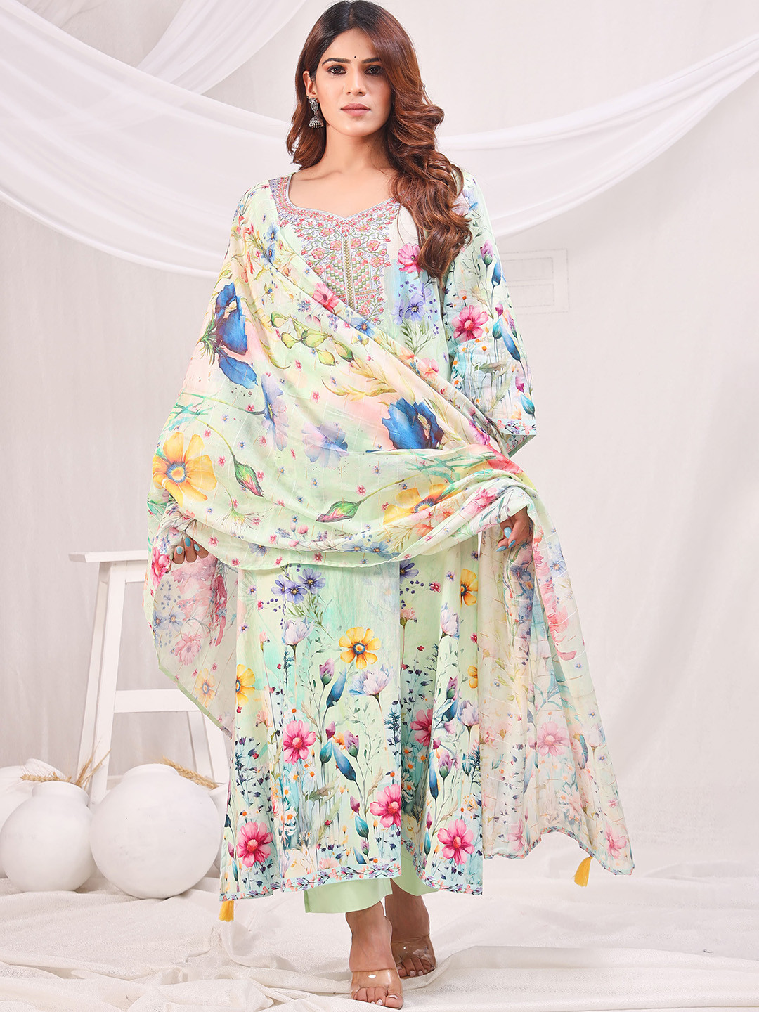 sewingkrafts Floral Printed Thread Work Pure Cotton Straight Kurta With Trouser & Dupatta