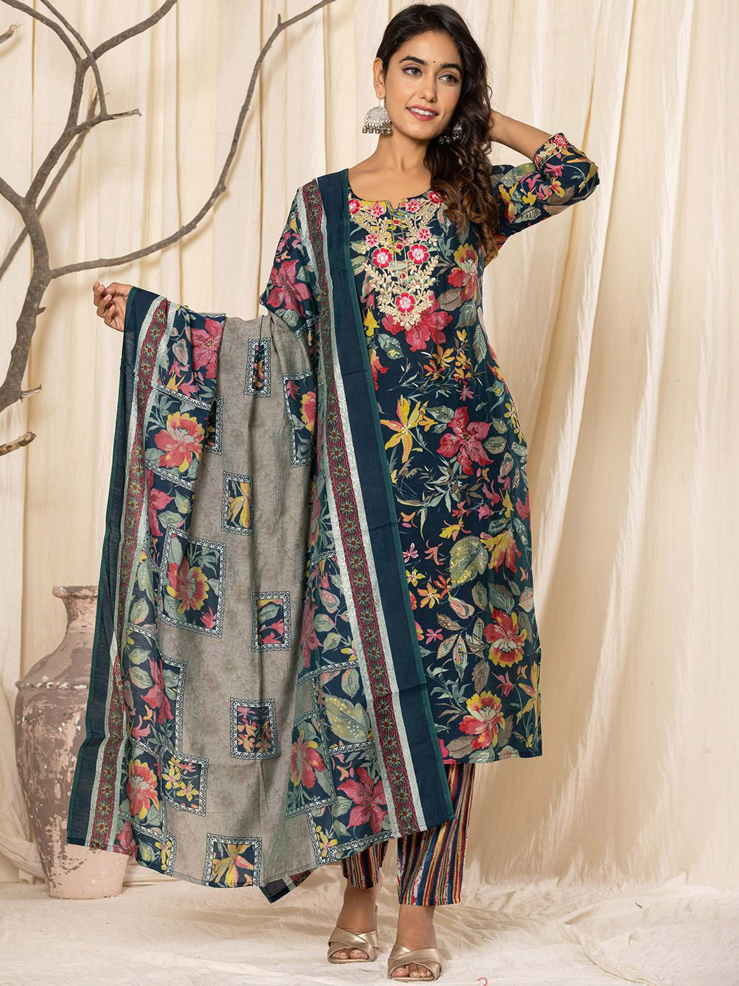 V.S.Creation Floral Printed Zari Work Notch Neck Muslin Kurta With Trousers & Dupatta
