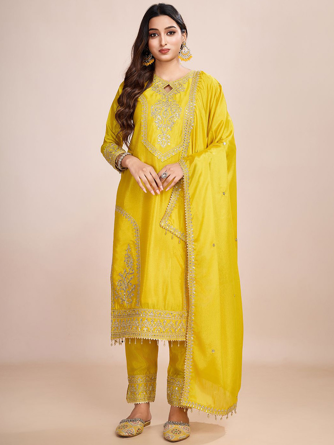 AKSHARAM Floral Embroidered Sequinned Keyhole Neck Kurta With Trousers And Dupatta