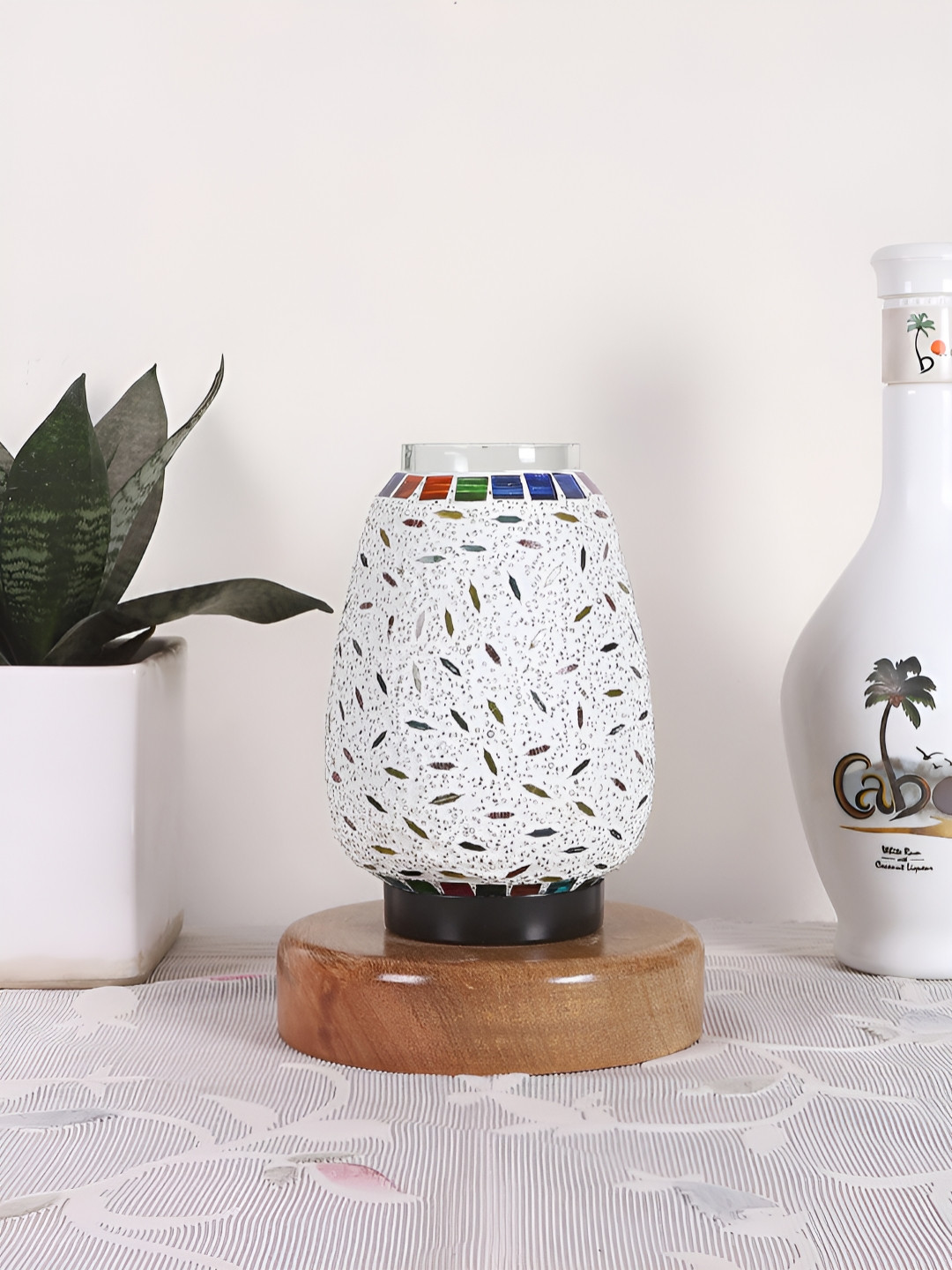 Devansh White & Blue Textured Abstract Shaped Glass Table Lamp With Wooden Base