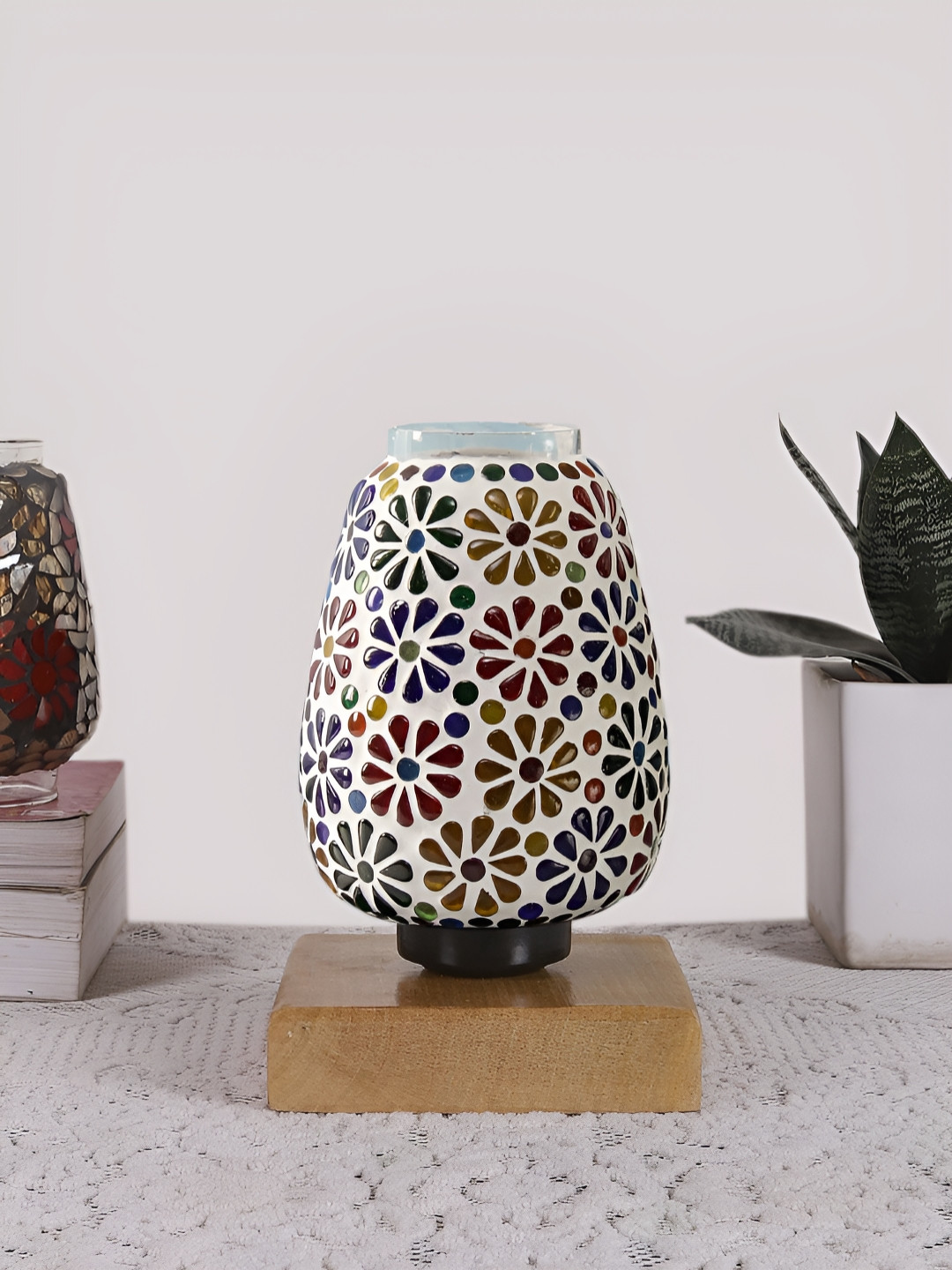 Devansh White & Brown Floral Textured Abstract Shaped Glass Table Lamp With Wooden Base