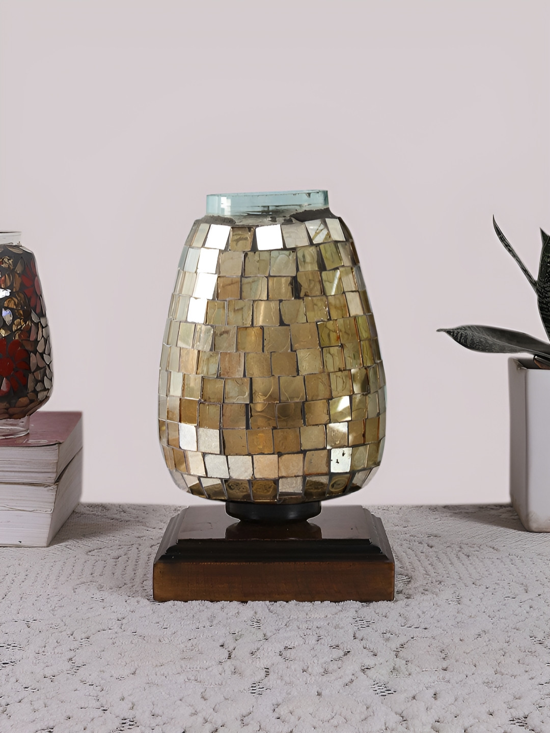 Devansh Gold-Toned & Brown Textured Abstract Shaped Glass Table Lamp With Wooden Base