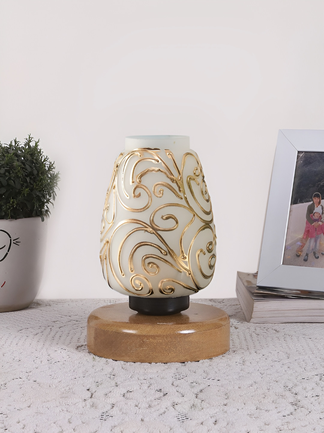 Devansh White & Gold-Toned Textured Abstract Shaped Glass Table Lamp With Wooden Base