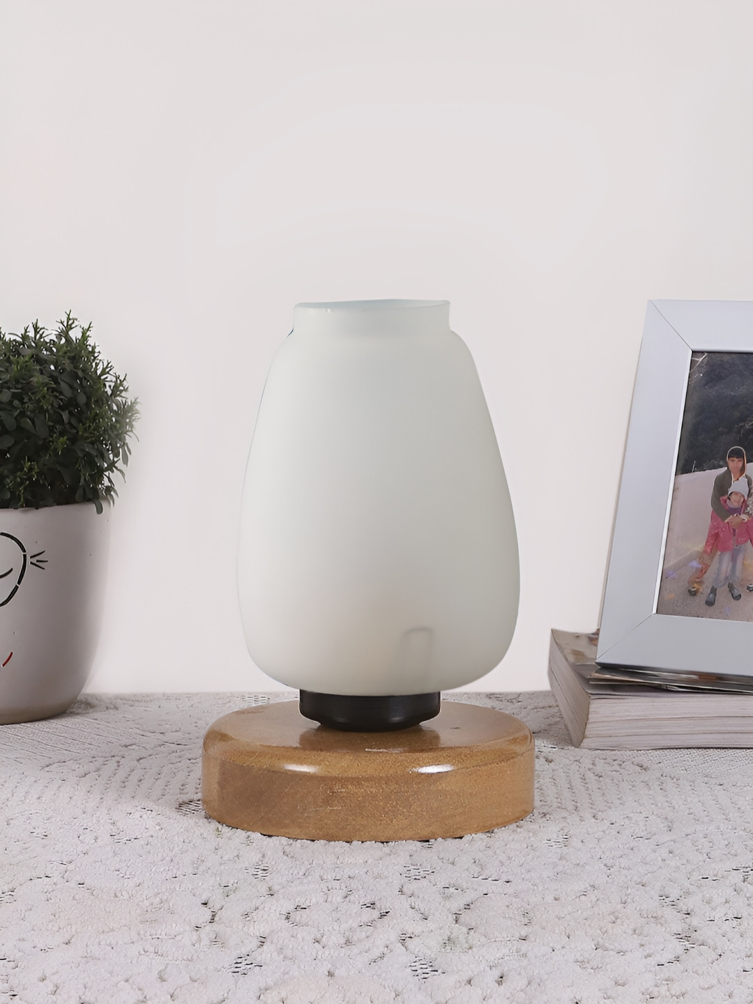 Devansh White & Brown Abstract Shaped Contemporary Glass Table Lamp With Wooden Base