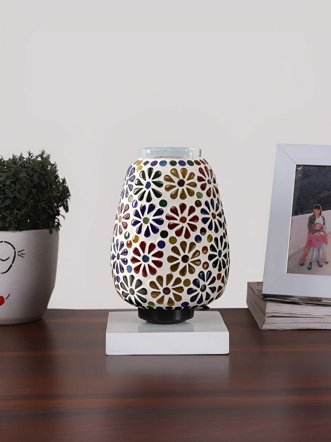 Devansh White & Blue Floral Textured Abstract Shaped Glass Table Lamp With Wooden Base