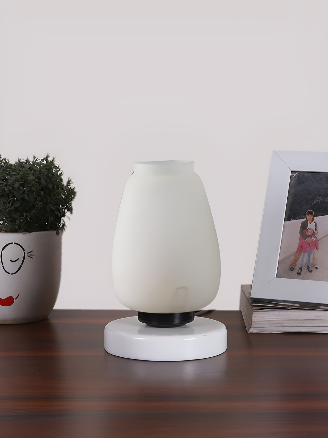 Devansh White & Black Abstract Shaped Contemporary Glass Table Lamp With Wooden Base