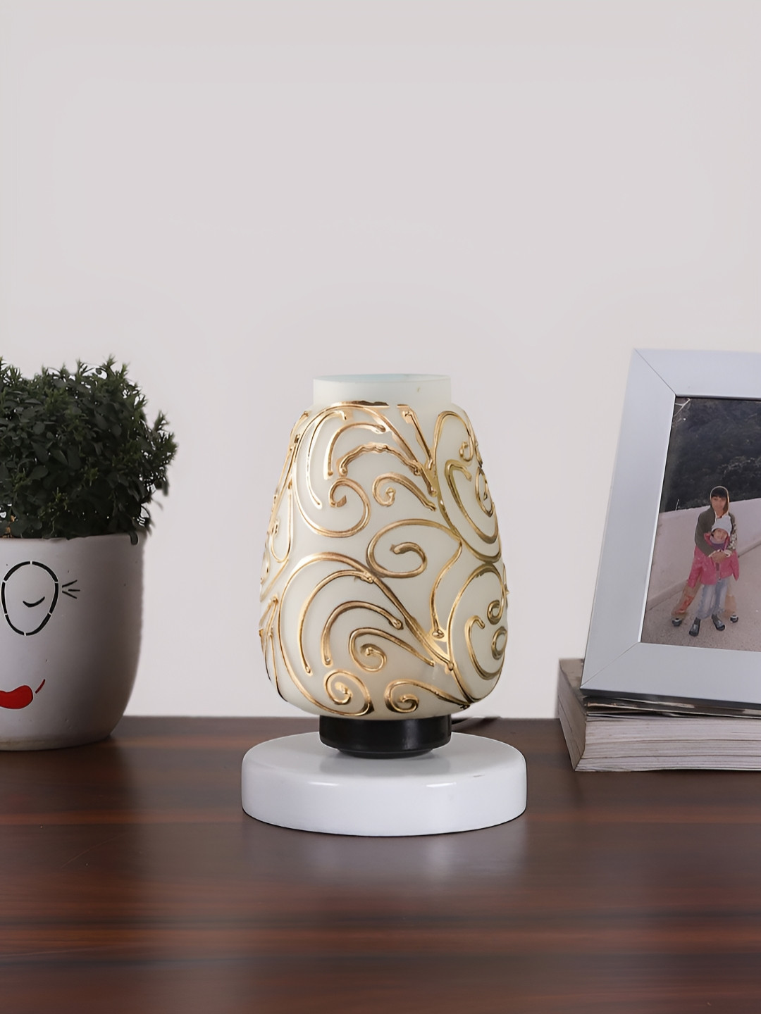 Devansh White and Gold-Toned Textured Glass Contemporary Abstract Shaped Table Lamp