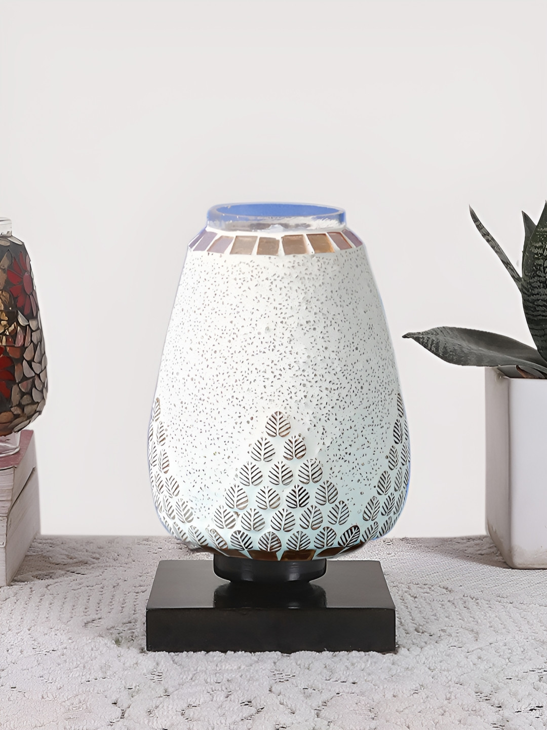 Devansh White and Beige Textured Glass Contemporary Abstract Shaped Table Lamp