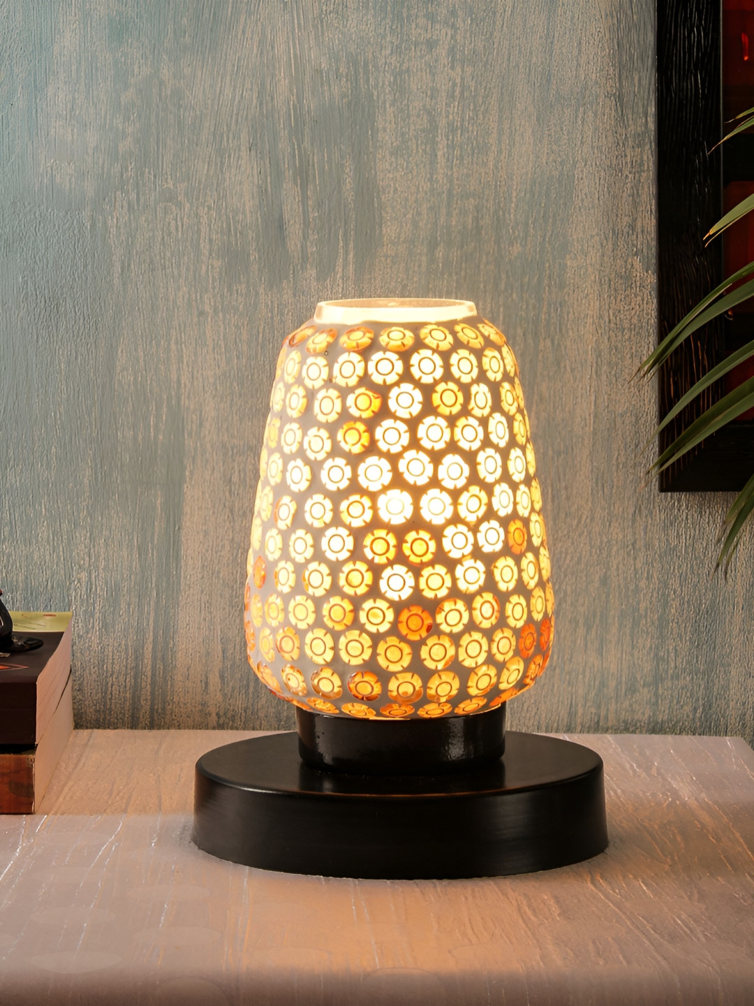 Devansh White and Yellow Floral Textured Glass Abstract Shaped Table Lamp
