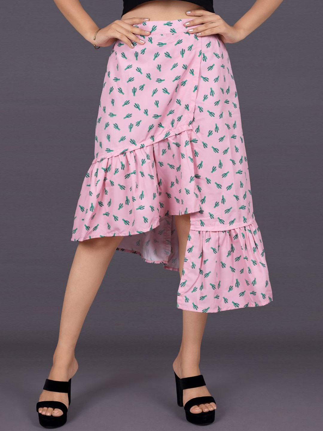 La Aimee Women Printed Flared Knee Length Frill Skirt