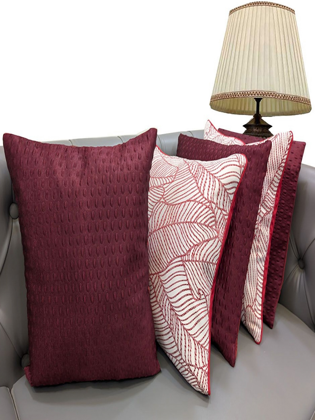 Good Vibes Maroon Geometric Velvet Durable 5 Pcs Textured Cushion Covers - 12 x 12 Inches
