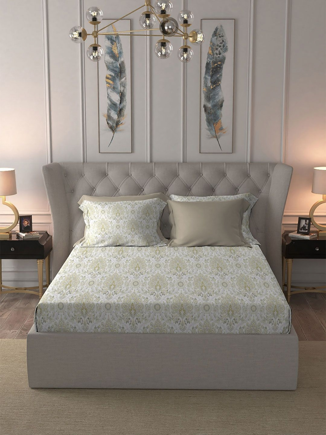 MYTRIDENT Nectarsoft White Ethnic Motifs Pure Cotton 300 TC King Fine Bedsheet with 4 Pillow Covers-108 x 108 inches