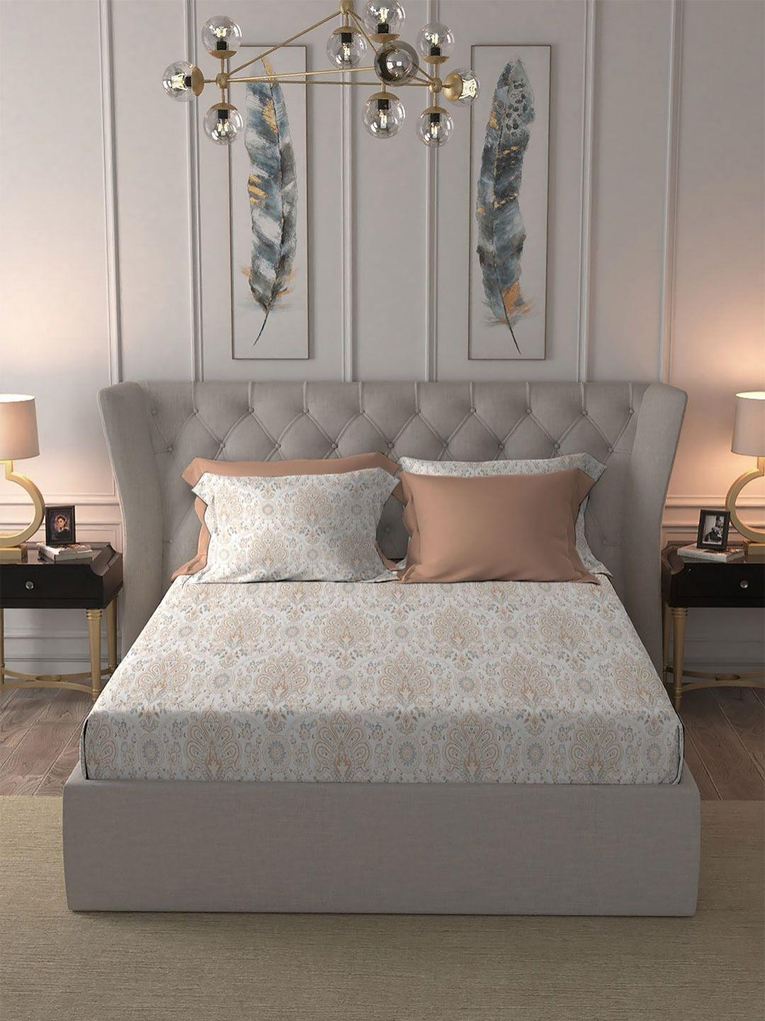 MYTRIDENT Nectarsoft White Ethnic Motifs Pure Cotton 300 TC King Fine Bedsheet with 4 Pillow Covers-108 x 108 inches