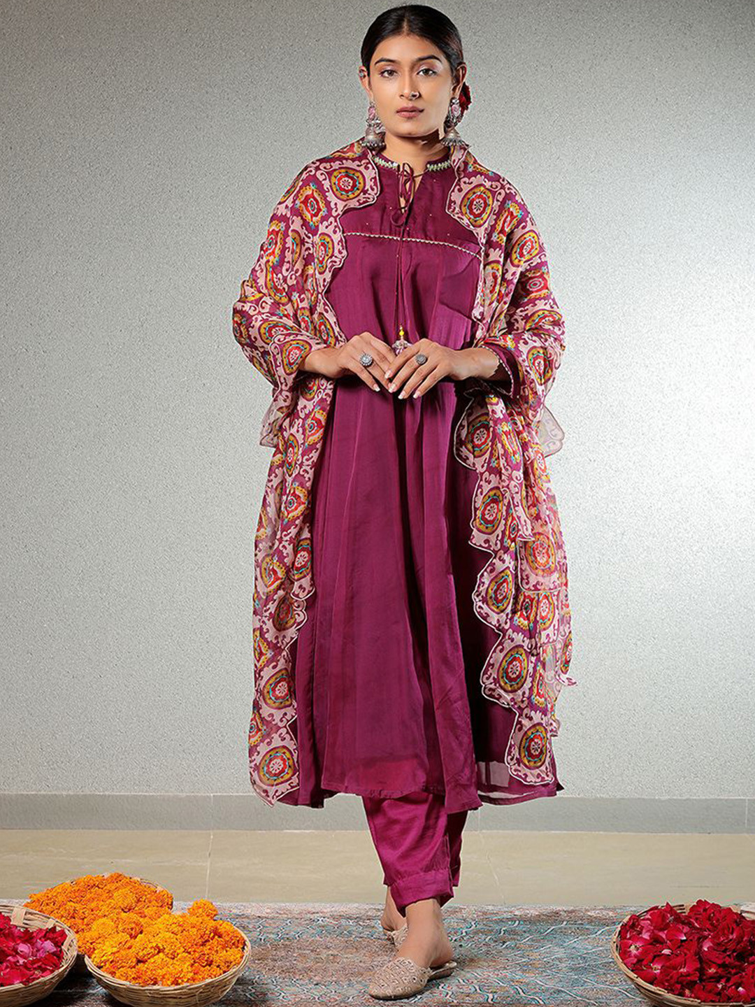 SUKRUTI DESIGN Embroidered Sequinned Anarkali Keyhole neck Pure Silk Kurta Set