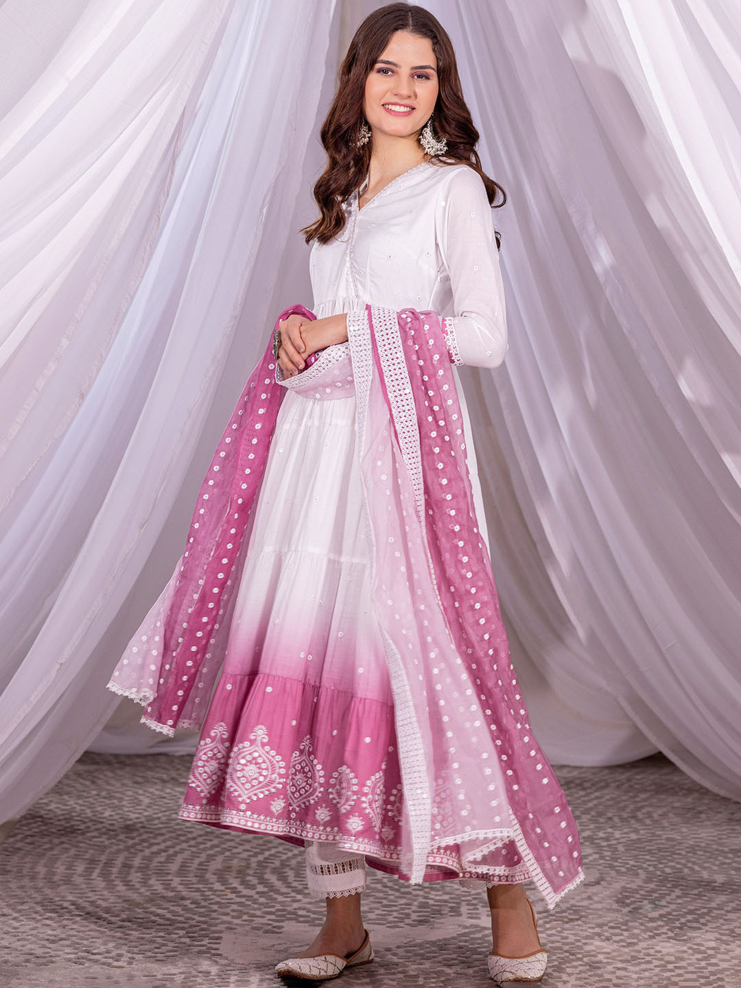 SEW Ombre Embroidered Thread Work Pure Cotton Anarkali Kurta with Trousers & Dupatta