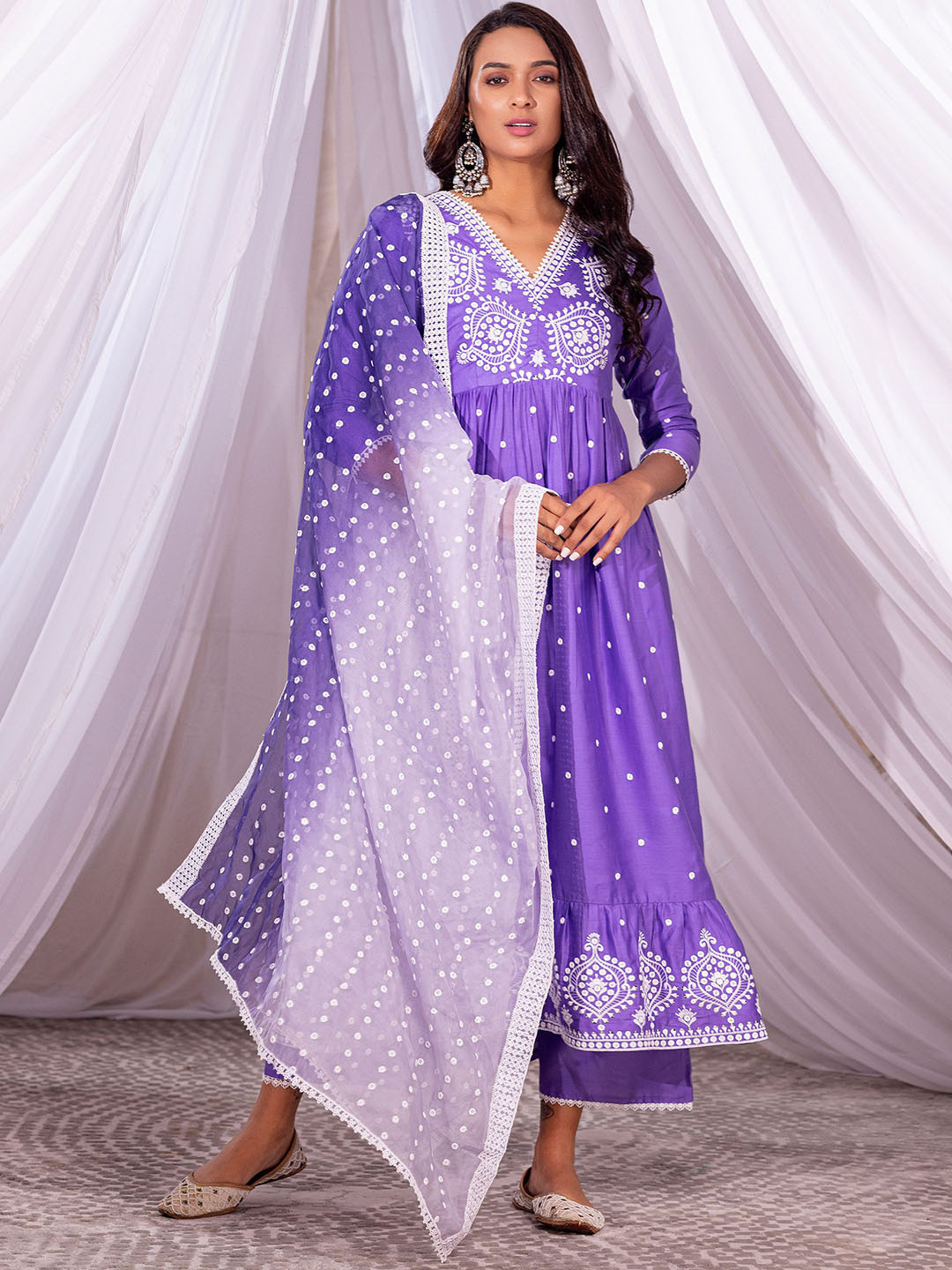SEW Alia Cut Floral Embroidered Thread Work Pure Cotton Anarkali Kurta with Palazzo & Dupatta