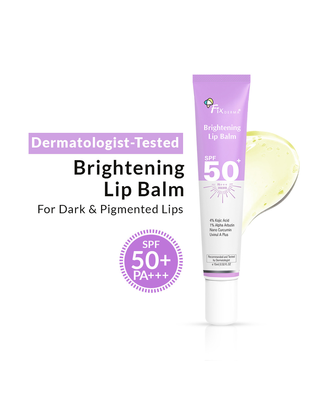 FIXDERMA 4% Kojic Acid SPF 50+PA+++ Brightening LipBalm With 1%Alpha Arbutin 15ml - Purple