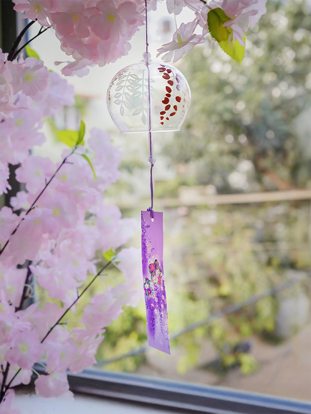 Nostrae by Ekhasa Violet & Green Floral Printed Glass Japanese Wind Chimes