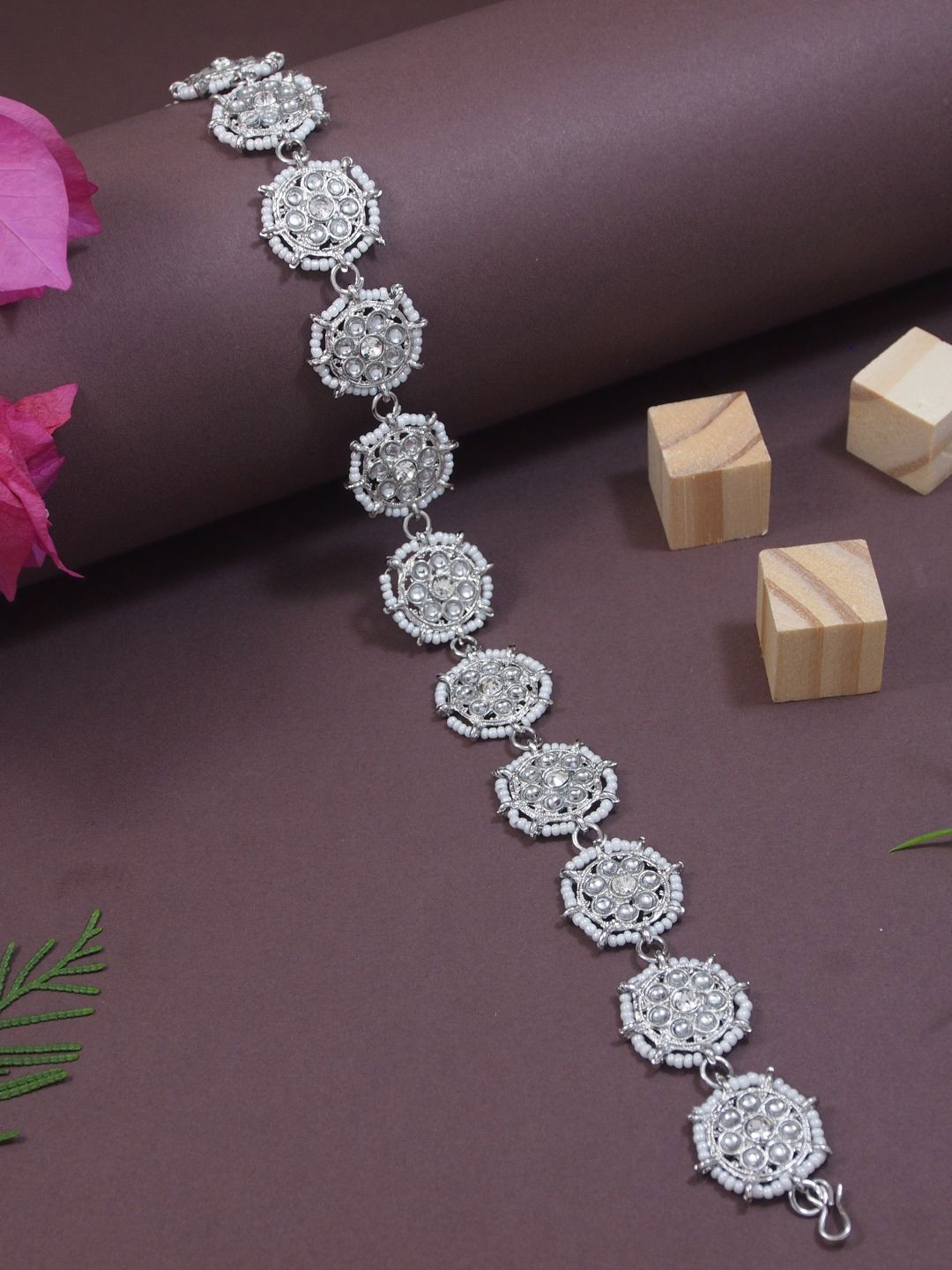 I Jewels Silver-Plated Floral Kundan & Pearl Matha Patti Head Jewellery