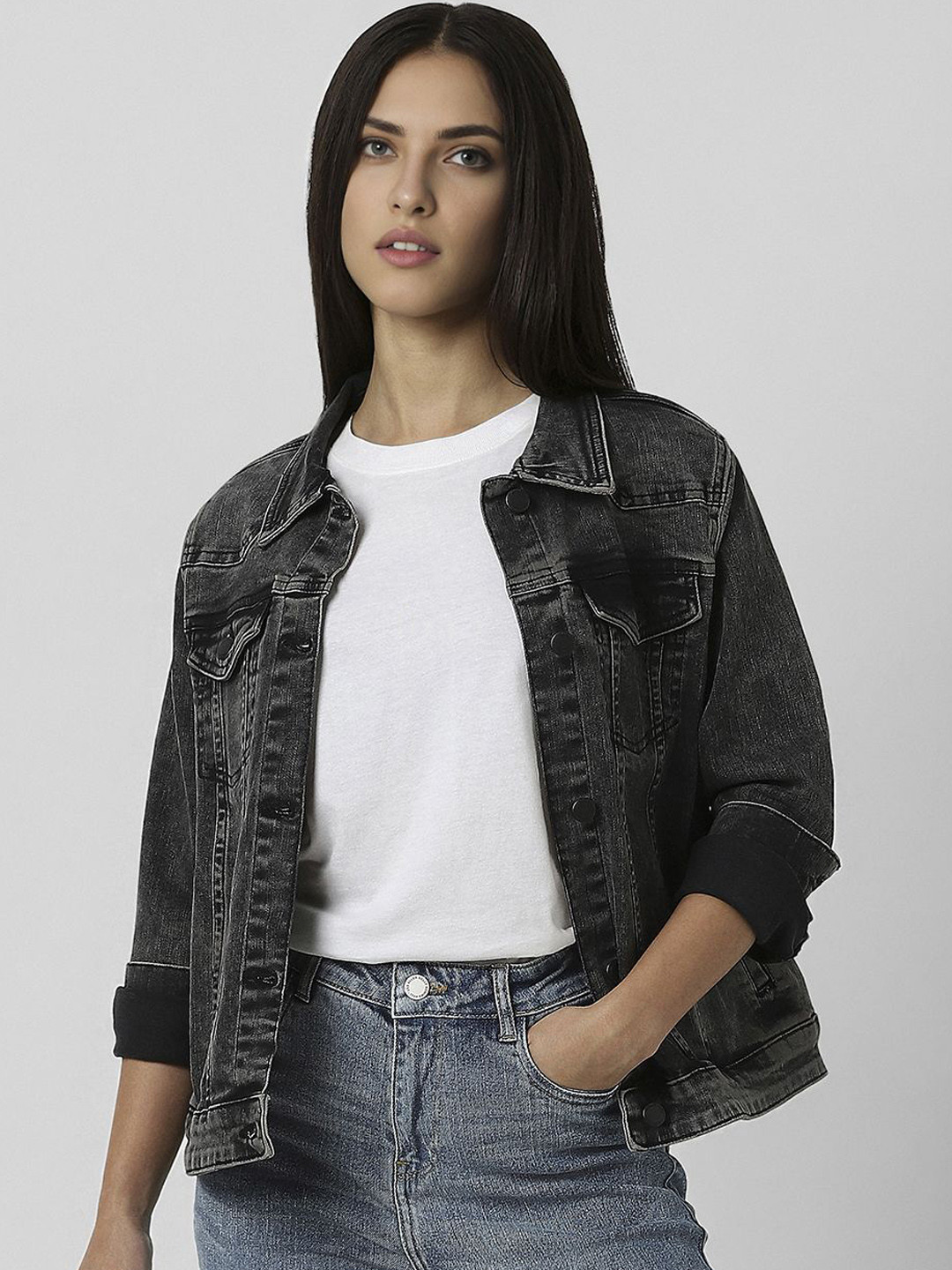 Van Heusen Woman Spread Collar Washed Solid Cotton Casual Denim Jacket